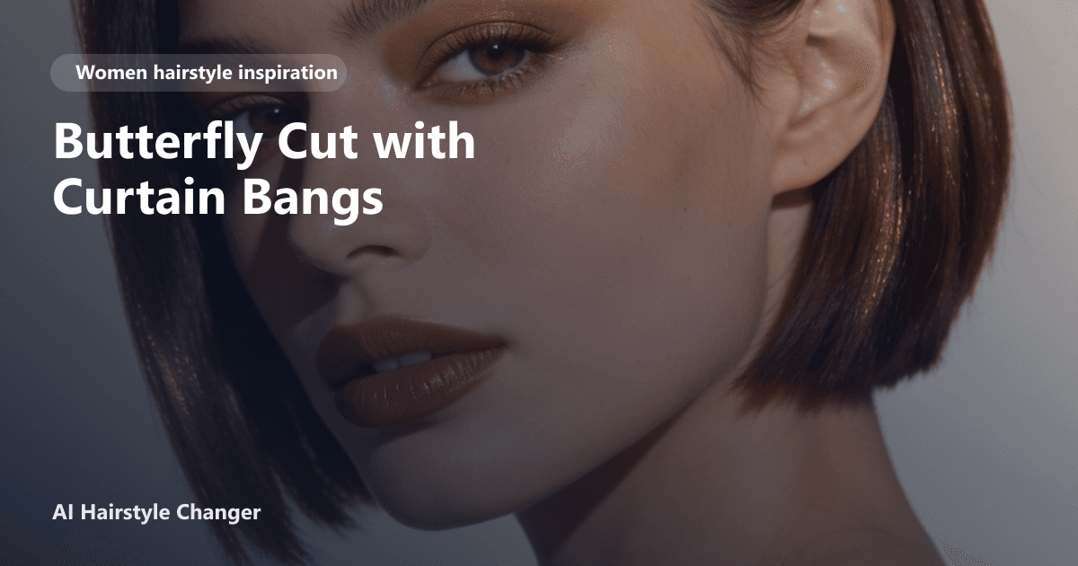 Woman with a butterfly cut and soft curtain bangs, face-framing layers, natural volume, and subtle highlights, with overlaid page title text.