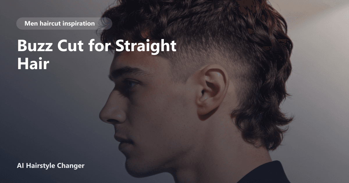 Modern men's haircut with defined shape, clean sides, and natural texture, with "Buzz Cut for Straight Hair" title overlay.