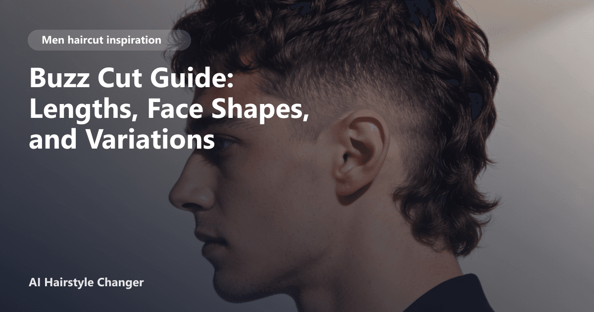 Modern men's haircut with defined shape, clean sides, and natural texture, with "Buzz Cut Guide Lengths, Face Shapes, and Variations".