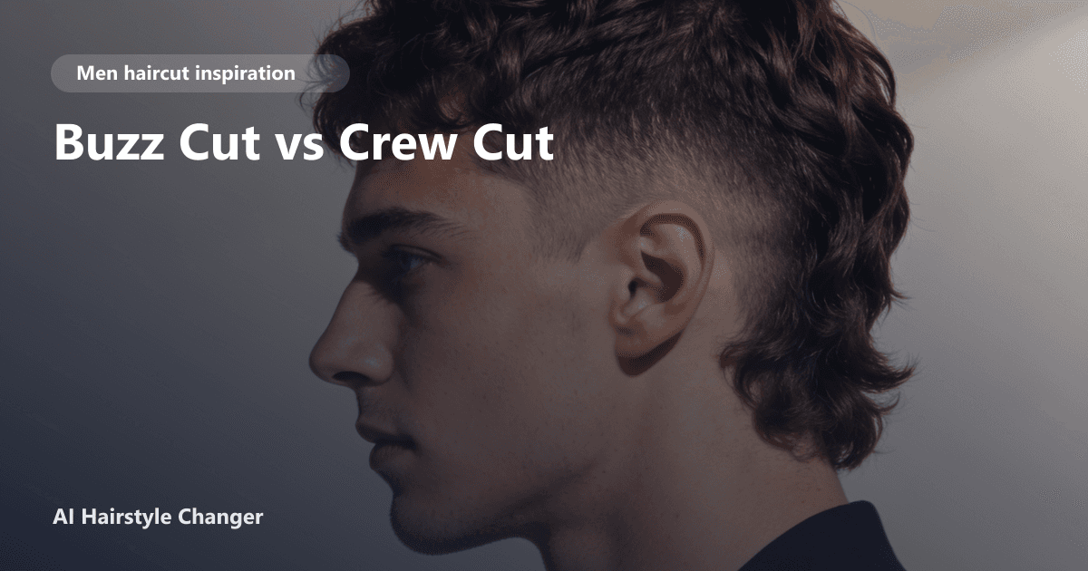 Side-by-side comparison of a man with a buzz cut and a crew cut, both styles shown clearly for contrast, with Buzz Cut vs Crew Cut title overlay.