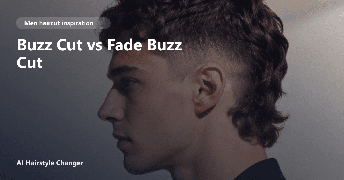 Modern men's haircut with defined shape, clean sides, and natural texture, with "Buzz Cut vs Fade Buzz Cut" title overlay.