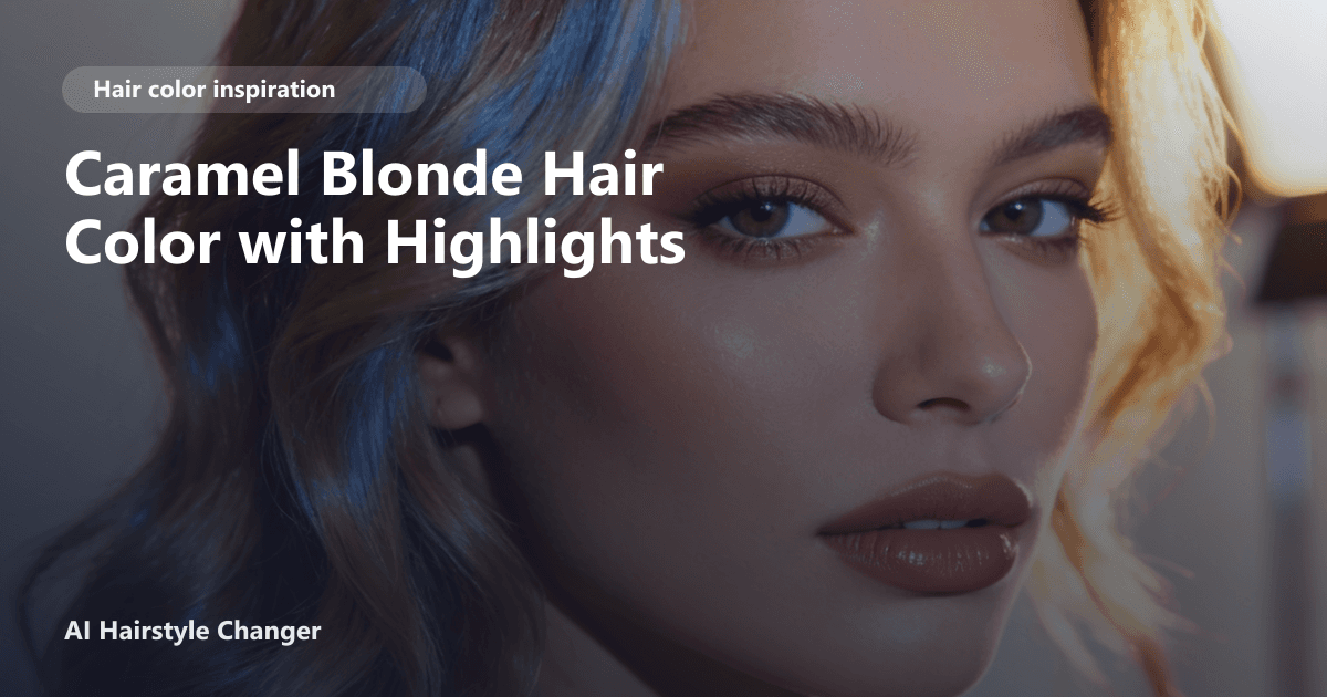 Close-up portrait with dimensional blonde tones and "Caramel Blonde Hair Color with Highlights" title overlay.