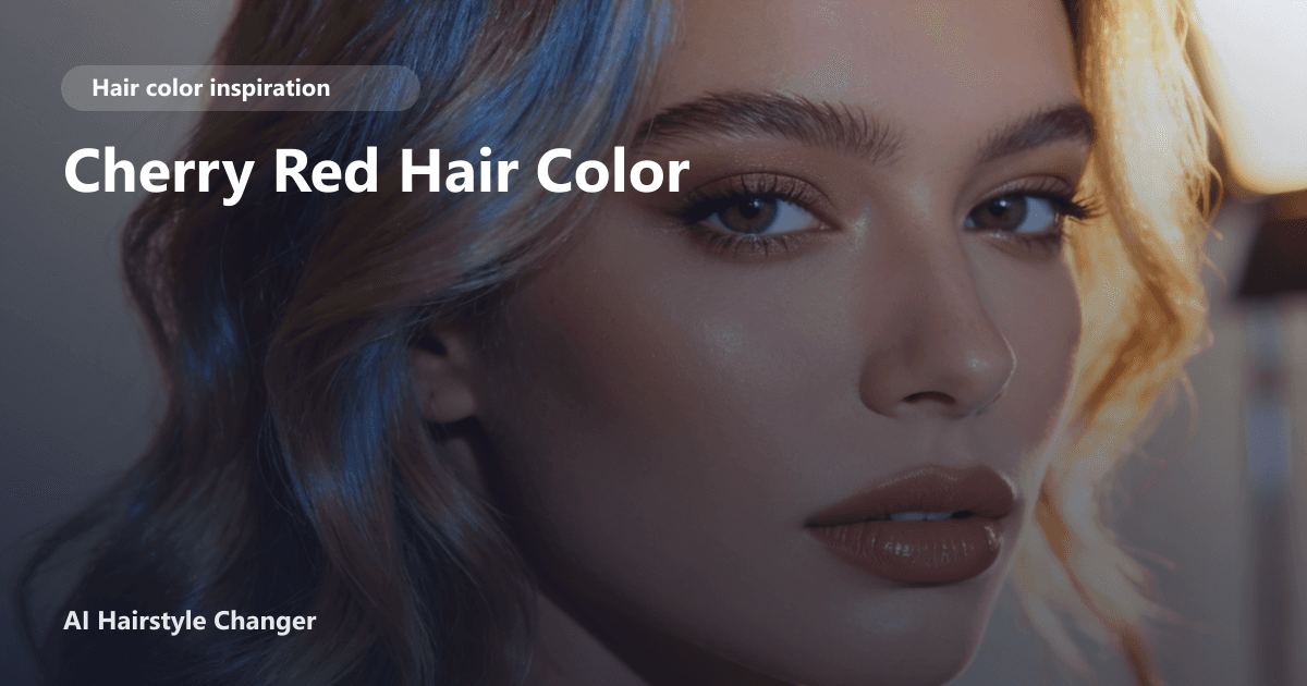 Close-up portrait with dimensional red-copper tones and "Cherry Red Hair Color" title overlay.