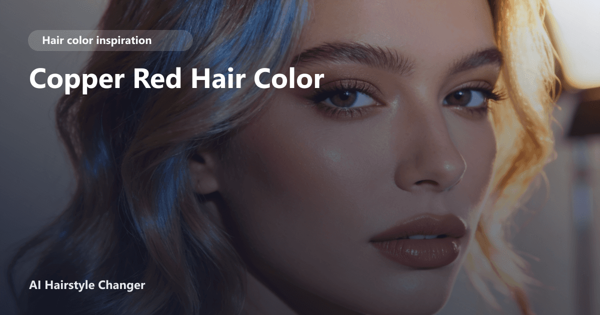 Close-up portrait with dimensional red-copper tones and "Copper Red Hair Color" title overlay.