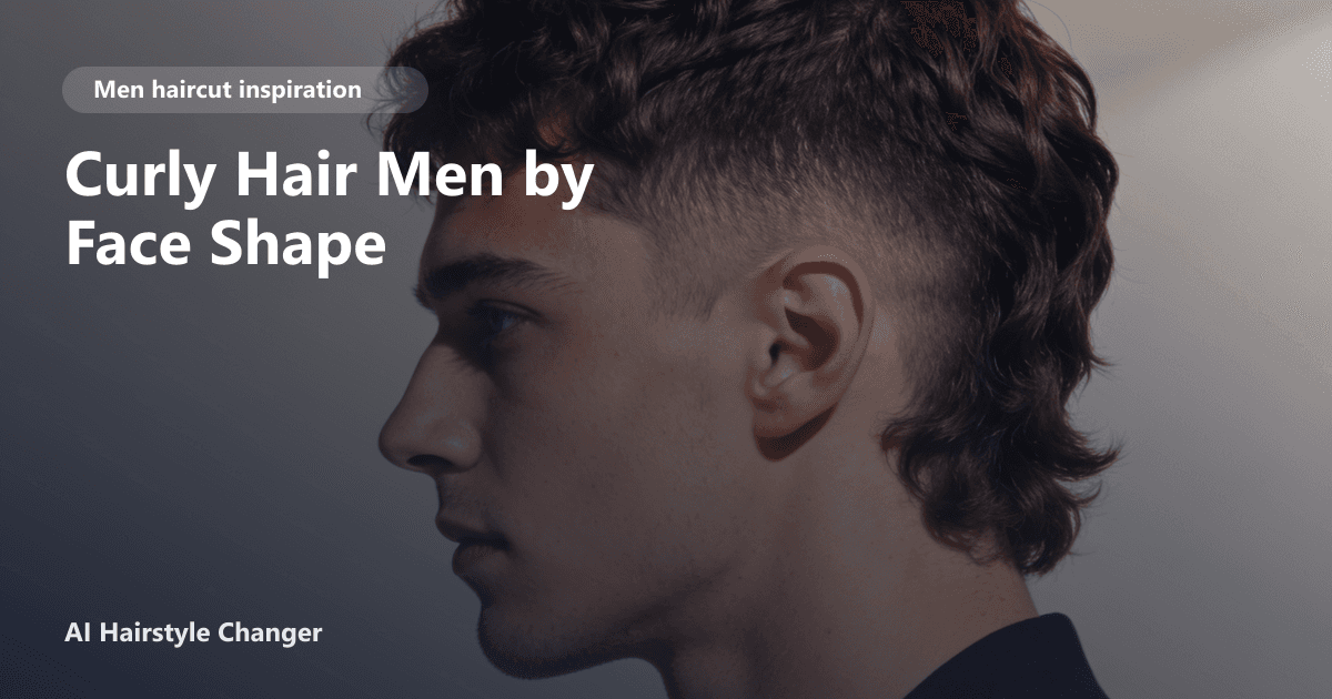 A man with defined, medium-length curly hair styled to flatter an oval face shape, with the page title 'Curly Hair Men by Face Shape' overlaid.