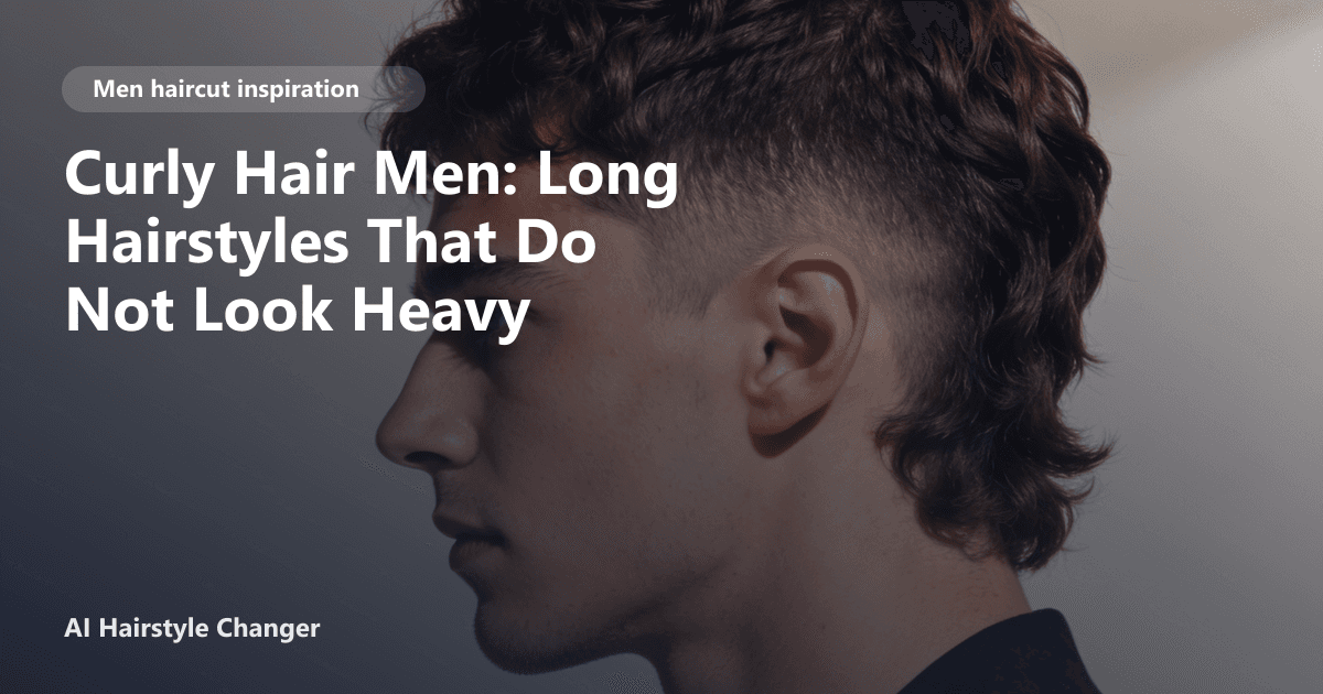 Young man with natural long curly hair styled in layered, lightweight fashion, smiling outdoors; page title overlaid in bold text.