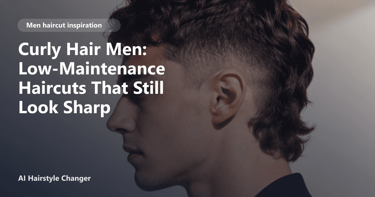 Young man with defined curly hair styled in a low-maintenance short taper cut, looking confident; page title text overlays the lower third.