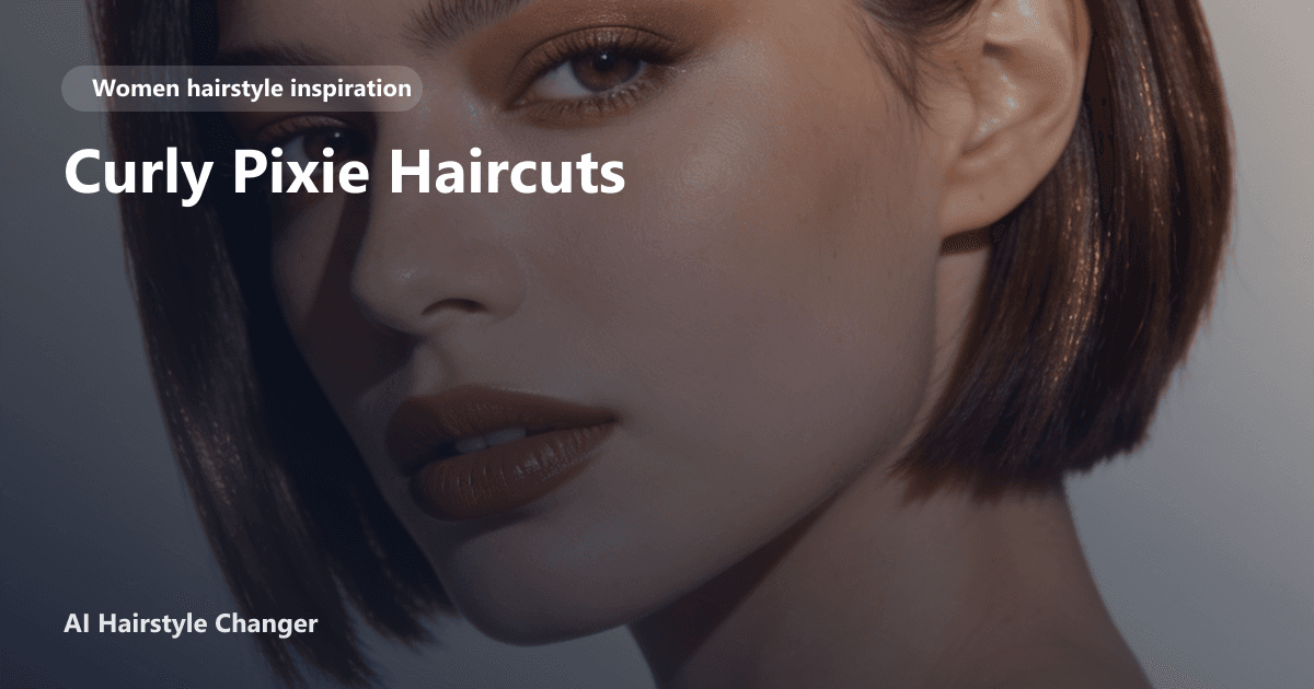 Woman with a voluminous curly pixie haircut, side-swept fringe, and defined curls, with page title 'Curly Pixie Haircuts' overlaid at the bottom
