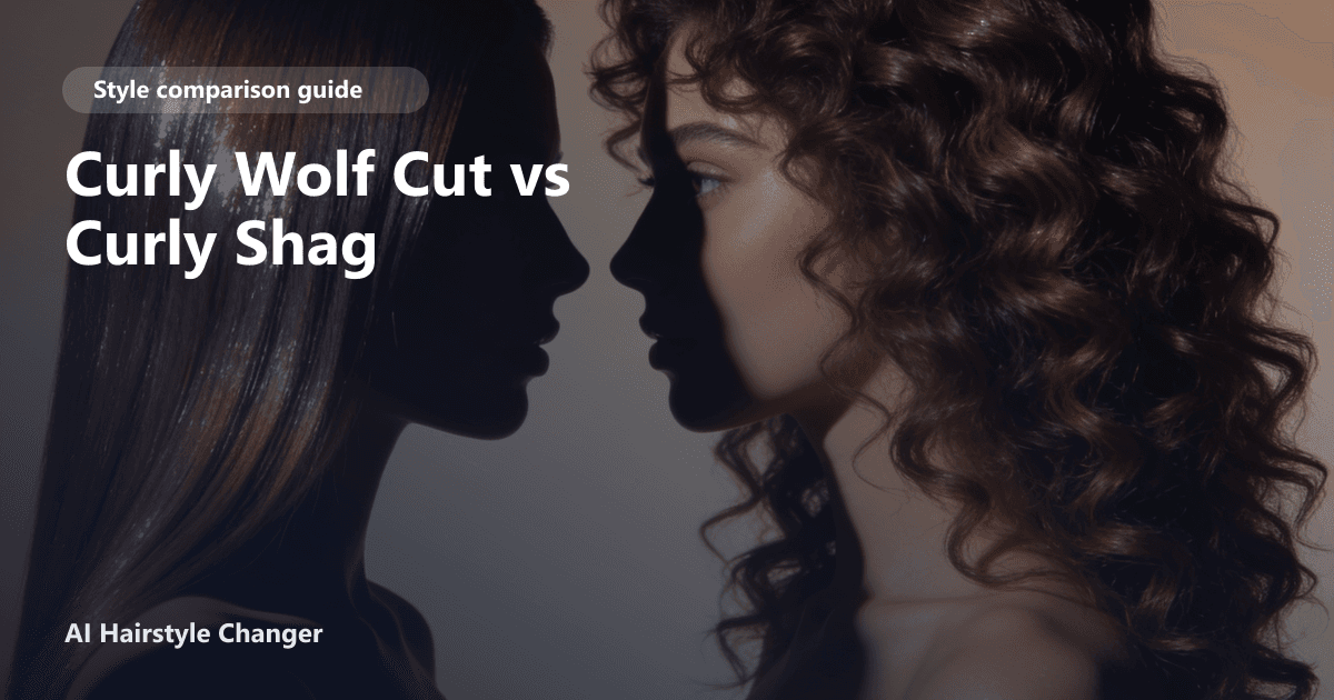 Side-by-side comparison of a model with a curly wolf cut and another with a curly shag haircut, both showing natural curls and layered shapes.
