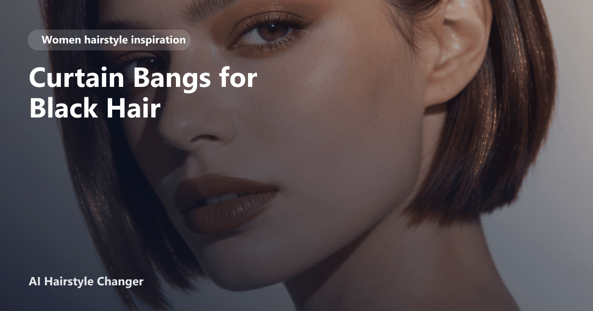 Black woman with voluminous, layered curtain bangs framing her face, styled on natural textured hair, with the page title overlaid.