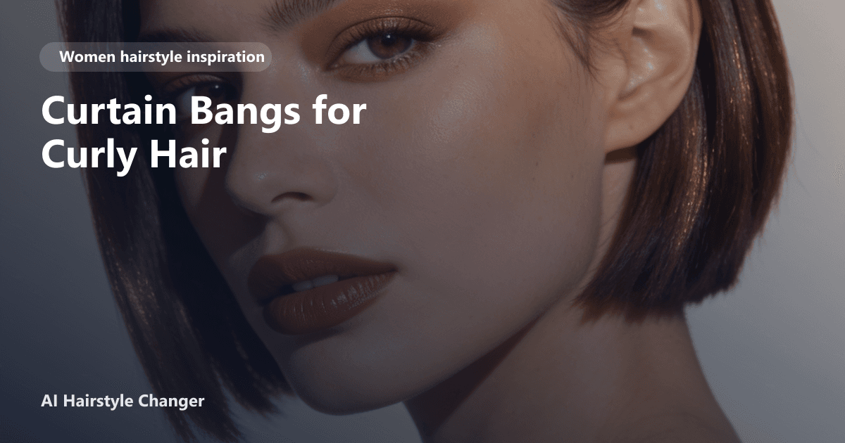 Woman with voluminous, shoulder-length curly hair and soft curtain bangs parted at the center, smiling in natural light.