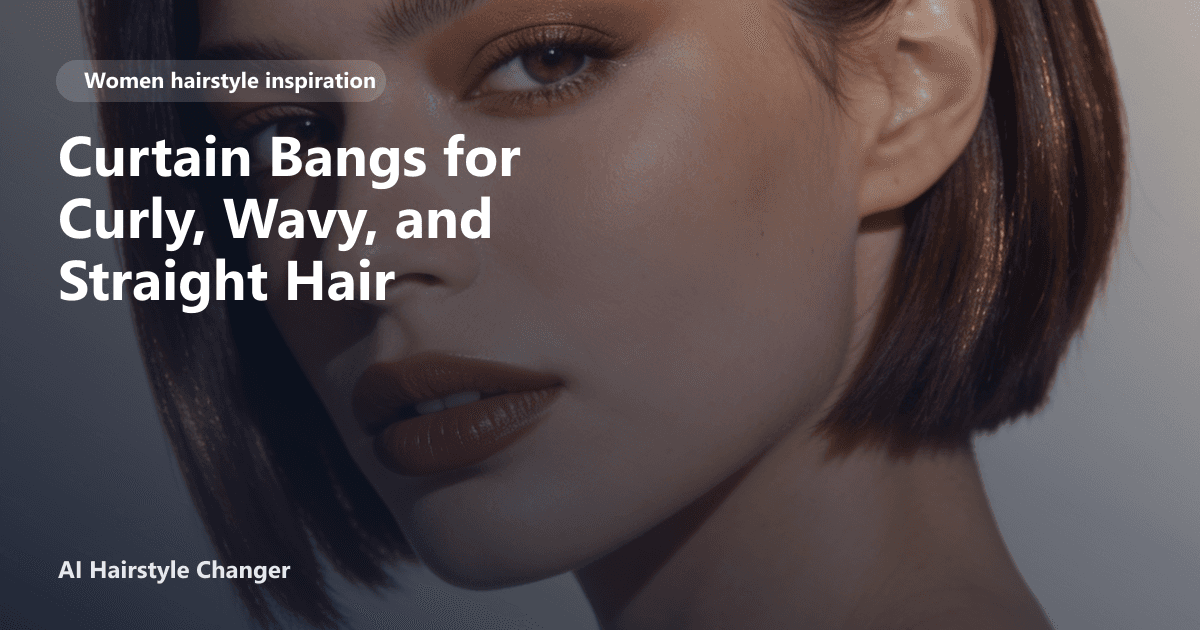 Editorial cover comparing curtain bangs on curly, wavy, and straight hair