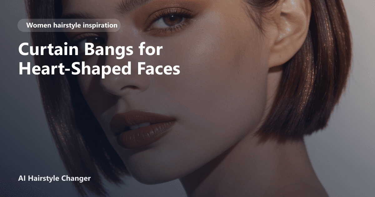 Modern women's haircut with polished shape, soft texture, and salon finish, with "Curtain Bangs for Heart-Shaped Faces" title overlay.