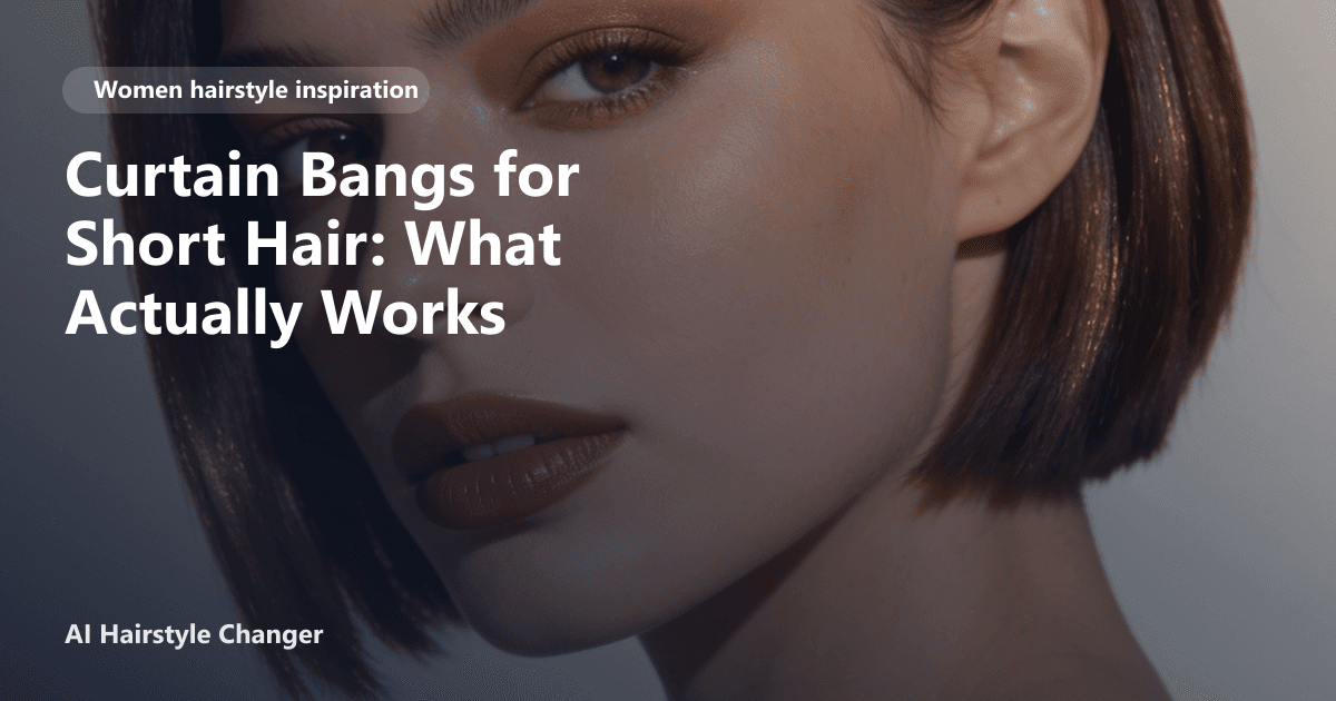 Woman with curtain bangs on short bob haircut, side view showing face-framing layers