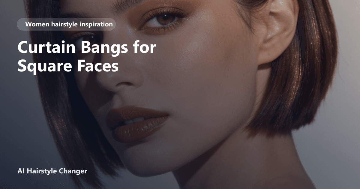 Woman with a square face shape wearing soft, face-framing curtain bangs, with the page title 'Curtain Bangs for Square Faces' overlaid at the bottom.