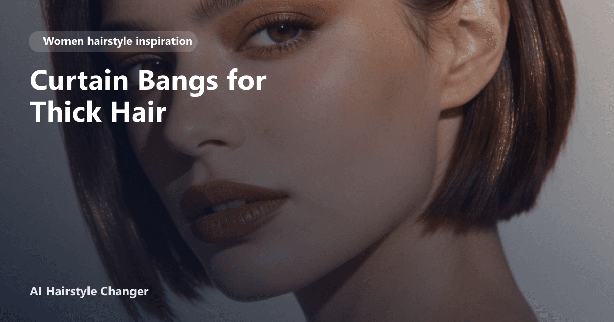 A woman with thick, voluminous hair styled in long curtain bangs parted at the center, with subtle layering and natural movement.