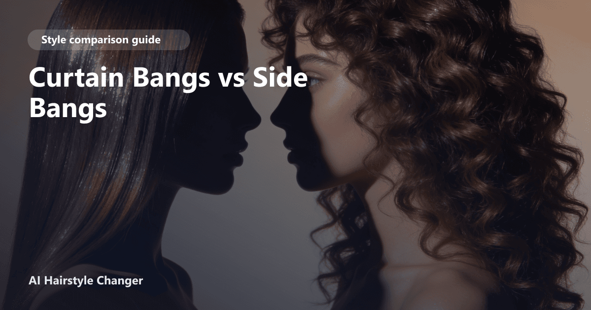 A woman with long, softly layered hair and curtain bangs on one side, and the same woman with side-swept bangs on the other, contrasting both styles.