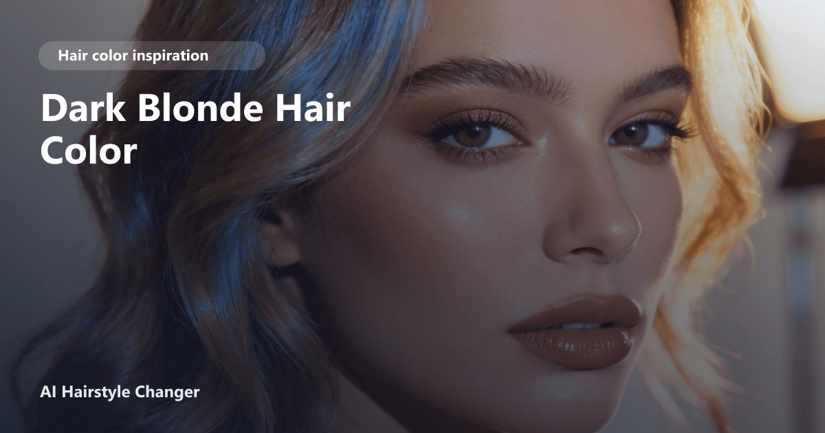 Close-up portrait with dimensional blonde tones and "Dark Blonde Hair Color" title overlay.