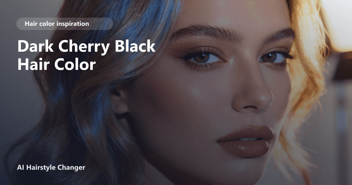 Close-up portrait with dimensional red-copper tones and "Dark Cherry Black Hair Color" title overlay.
