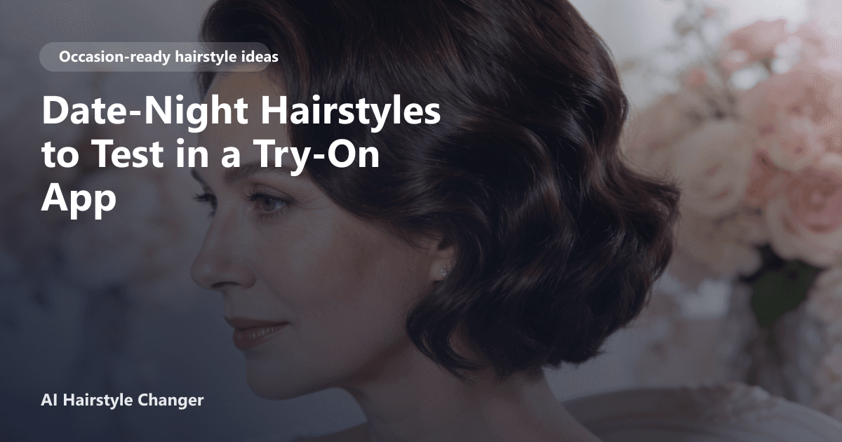 Occasion-ready hairstyle with polished texture and soft face framing, with "Date-Night Hairstyles to Test in a Try-On App" title overlay.