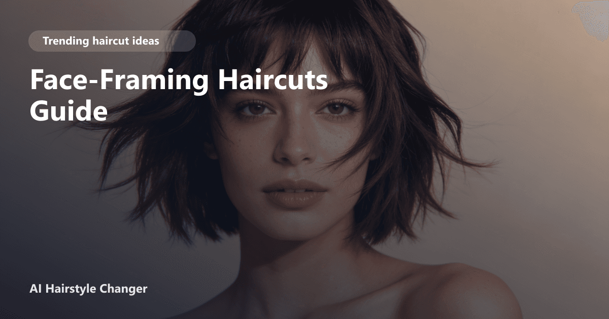 Trend-led haircut with visible layering, movement, and face-framing shape, with "Face-Framing Haircuts Guide" title overlay.