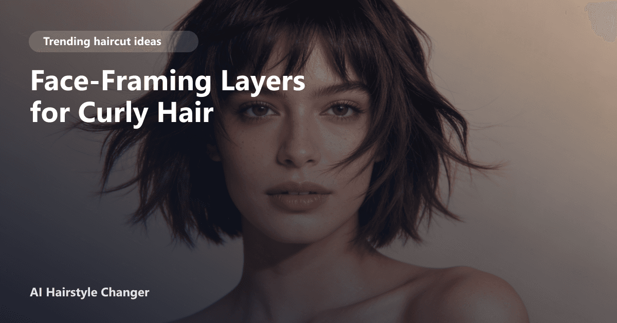 A woman with naturally curly hair styled in soft, face-framing layers blending a modern wolf cut and shag, with the page title text overlayed.