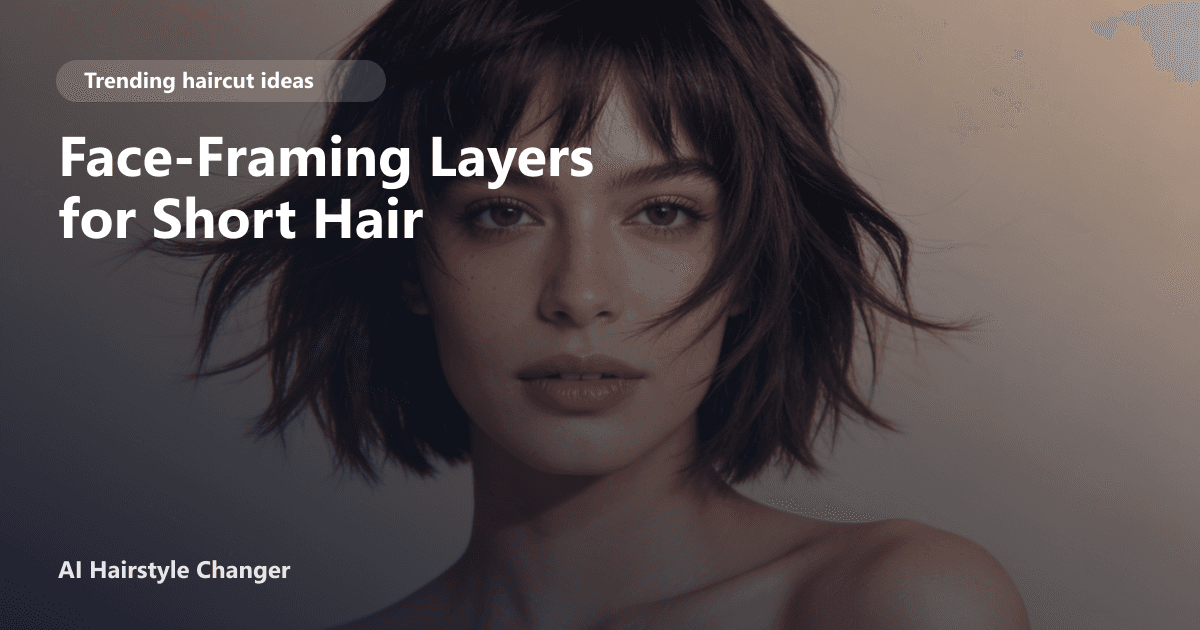 Model with short, textured hair featuring face-framing layers in a modern wolf cut, with subtle page title text overlay at the bottom.