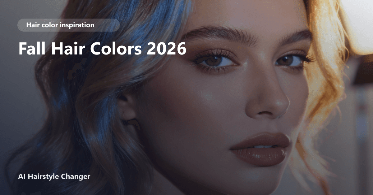 Glossy studio portrait showing dimensional multi-tonal hair color with "Fall Hair Colors 2026" title overlay.