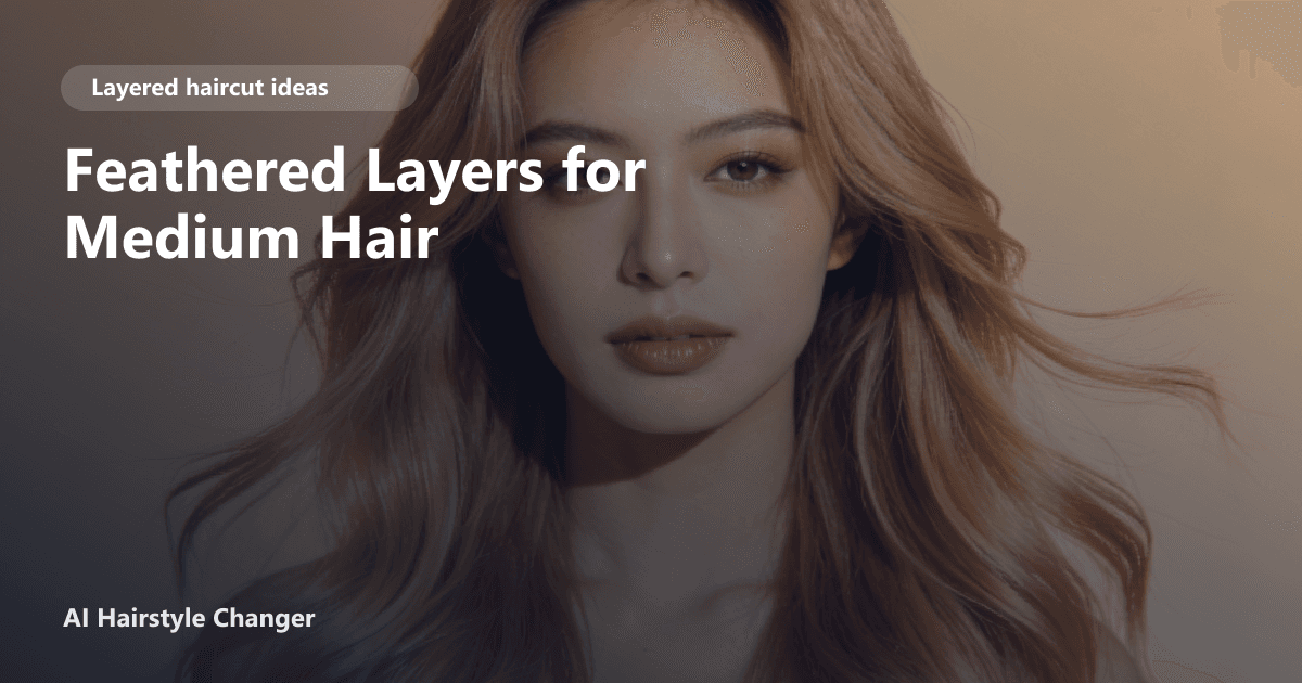 A woman with medium-length feathered layers, soft volume, and face-framing pieces, styled in a natural light salon setting.