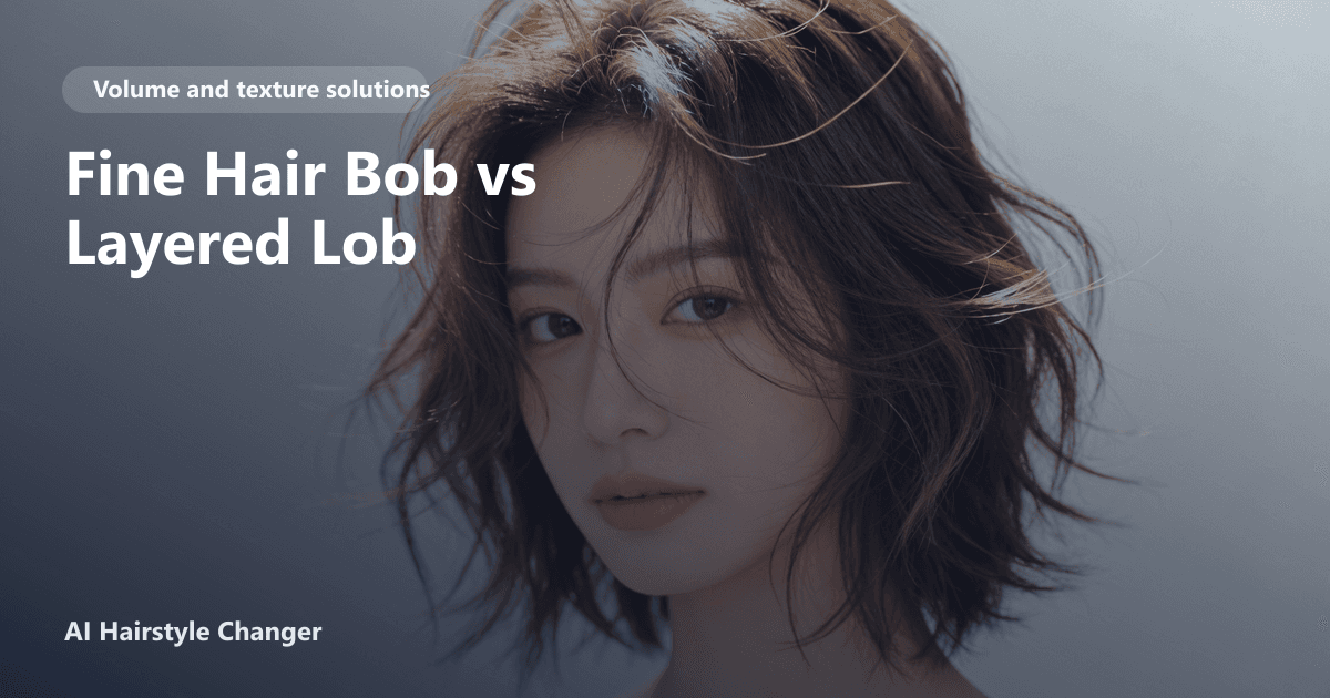 A woman with fine, straight hair shown in two styles: a chin-length bob and a shoulder-length layered lob, both styled for volume.