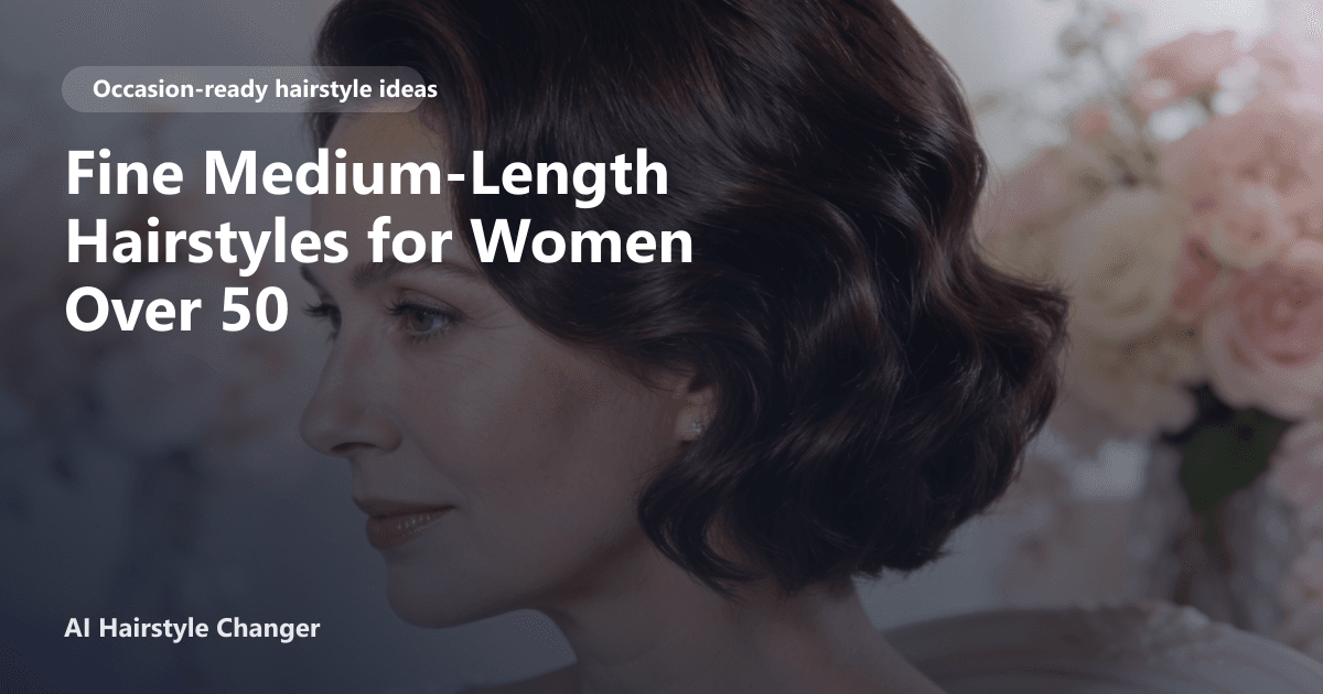 A woman over 50 with fine, shoulder-length black hair styled in soft layers, smiling in a chic salon setting with the page title text overlay.