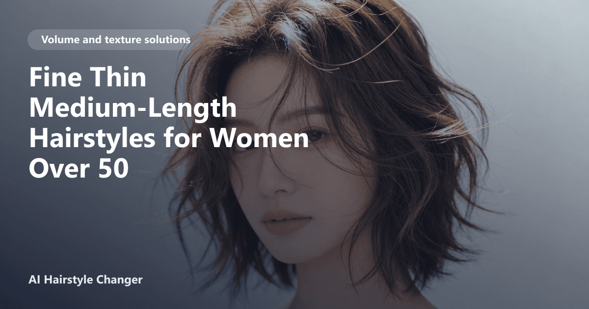 Woman over 50 with fine, shoulder-length hair styled in soft layers and side-swept bangs, with the page title overlayed in modern text