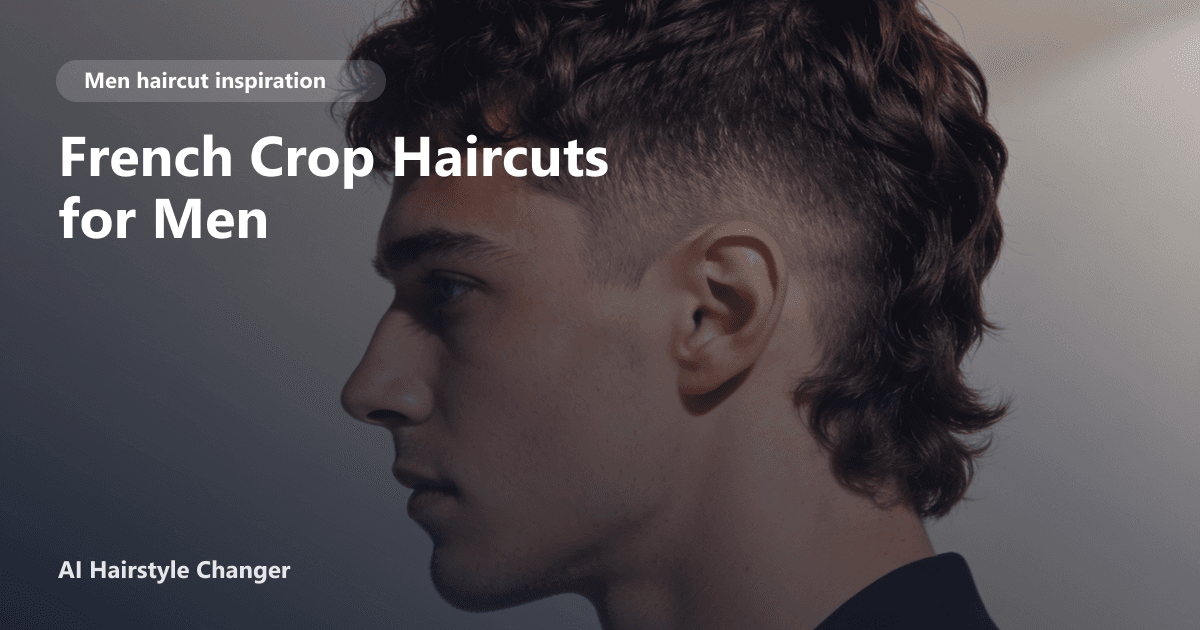 Close-up of a man with a textured French crop haircut, short faded sides, and blunt fringe, with 'French Crop Haircuts for Men' title text overlay.