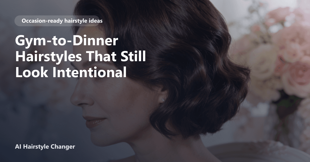 Occasion-ready hairstyle with polished texture and soft face framing, with "Gym-to-Dinner Hairstyles That Still Look Intentional" title.