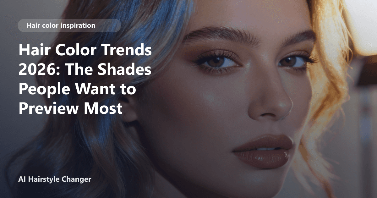 Glossy studio portrait showing dimensional multi-tonal hair color with "Hair Color Trends 2026 The Shades People Want to Preview Most".
