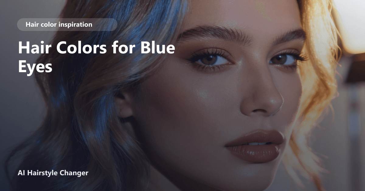 Close-up portrait with dimensional multi-tonal hair color and "Hair Colors for Blue Eyes" title overlay.