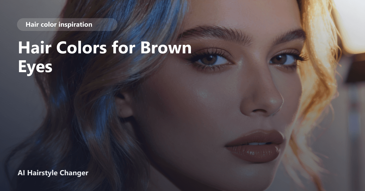 Close-up portrait with dimensional brown tones and "Hair Colors for Brown Eyes" title overlay.