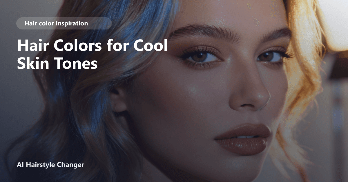 Close-up portrait with dimensional multi-tonal hair color and "Hair Colors for Cool Skin Tones" title overlay.
