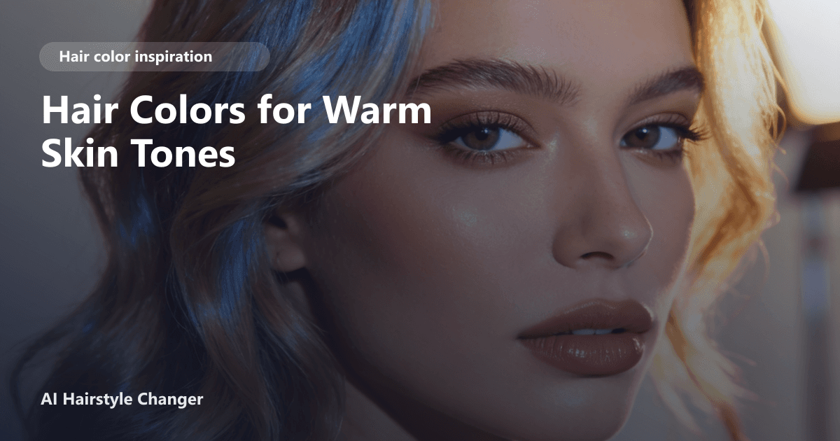 Close-up portrait with dimensional multi-tonal hair color and "Hair Colors for Warm Skin Tones" title overlay.
