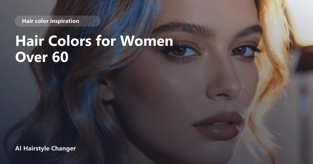 Close-up portrait with dimensional multi-tonal hair color and "Hair Colors for Women Over 60" title overlay.