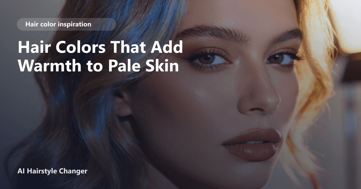 Close-up portrait with dimensional multi-tonal hair color and "Hair Colors That Add Warmth to Pale Skin" title overlay.