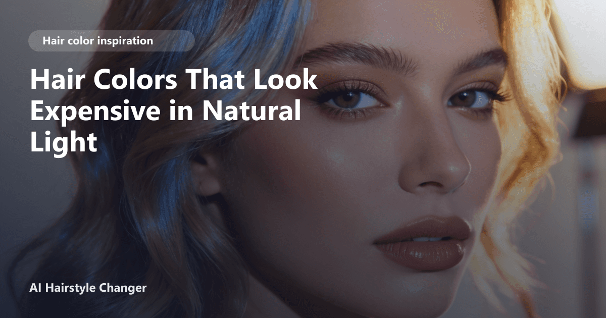 Close-up portrait with dimensional multi-tonal hair color and "Hair Colors That Look Expensive in Natural Light" title overlay.