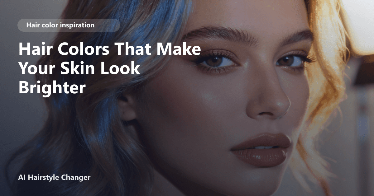 Close-up portrait with dimensional multi-tonal hair color and "Hair Colors That Make Your Skin Look Brighter" title overlay.
