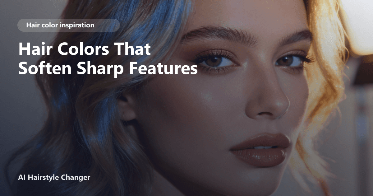 Close-up portrait with dimensional multi-tonal hair color and "Hair Colors That Soften Sharp Features" title overlay.