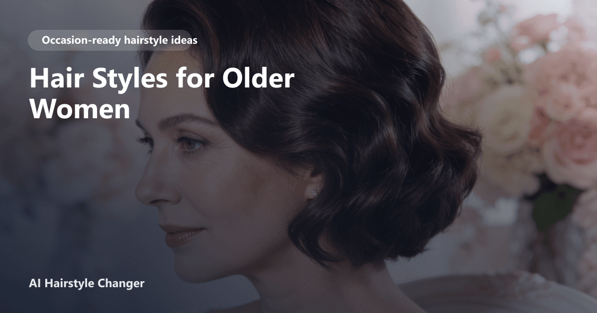 Older Black woman with a soft, layered bob and side-swept bangs, styled for a wedding occasion, with the page title text subtly overlaid.