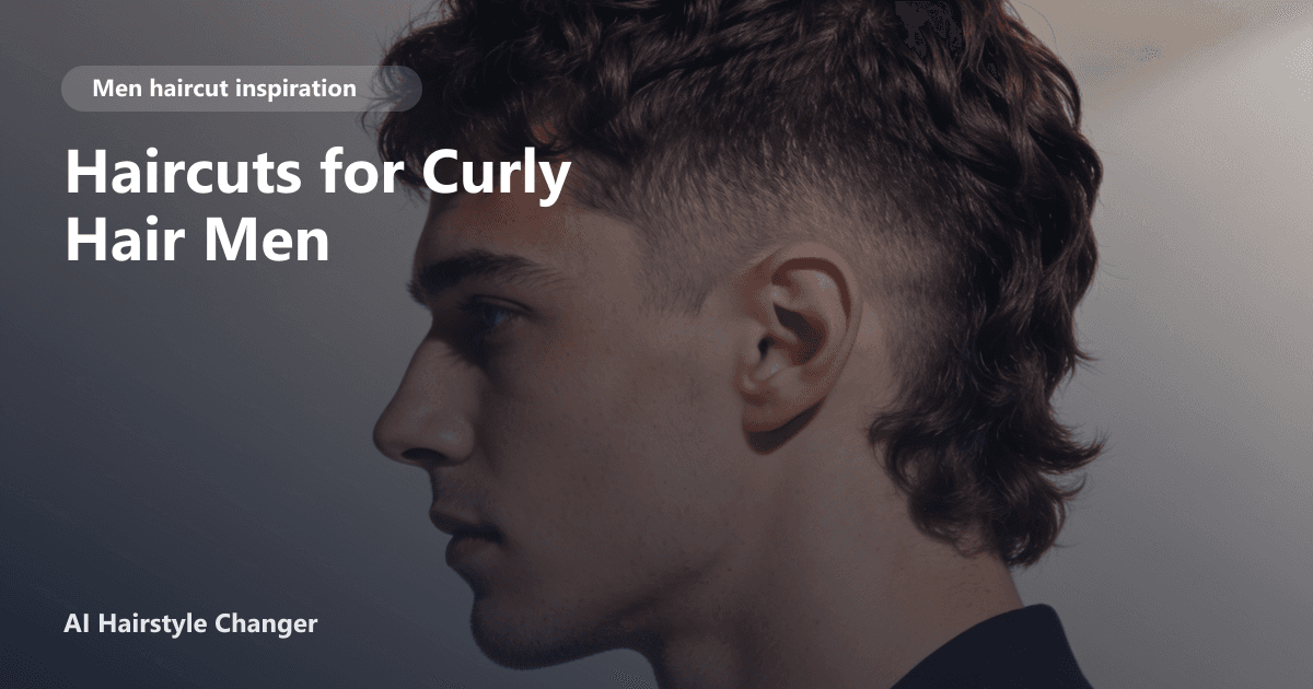 Modern men's haircut with defined shape, clean sides, and natural texture, with "Haircuts for Curly Hair Men" title overlay.
