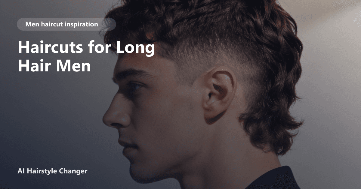 Modern men's haircut with defined shape, clean sides, and natural texture, with "Haircuts for Long Hair Men" title overlay.