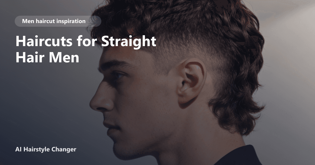 Modern men's haircut with defined shape, clean sides, and natural texture, with "Haircuts for Straight Hair Men" title overlay.