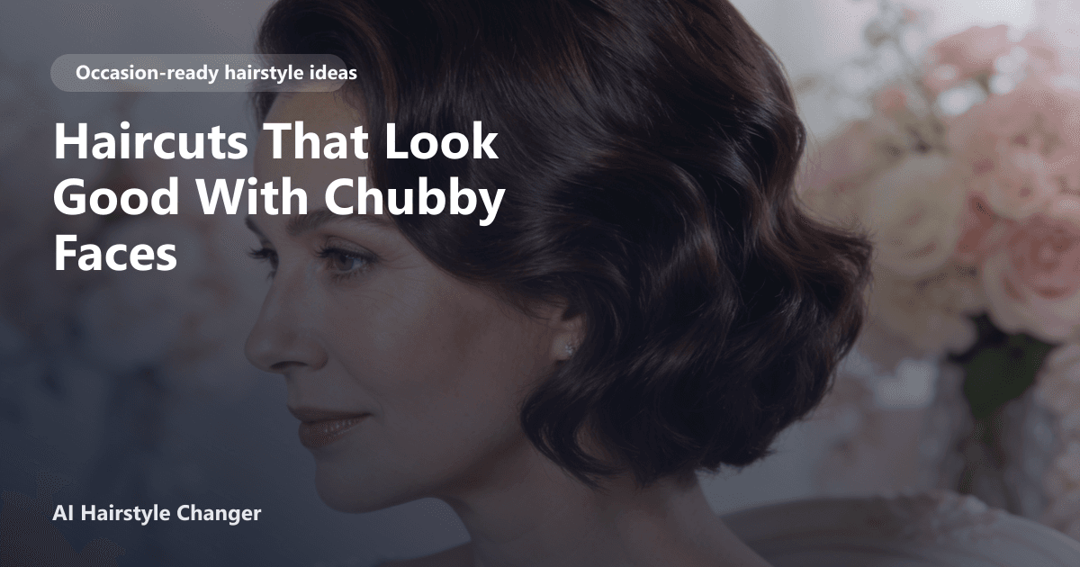 Occasion-ready hairstyle with polished texture and soft face framing, with "Haircuts That Look Good With Chubby Faces" title overlay.