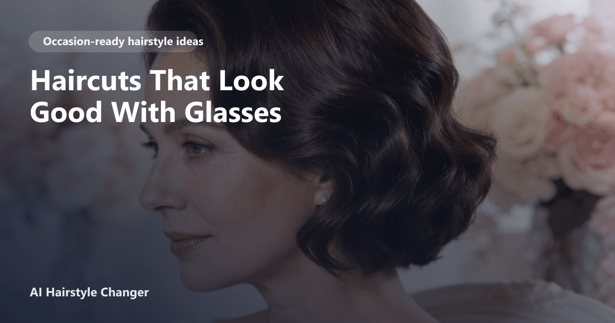 Older Black woman with natural textured bob and stylish glasses, smiling in soft lighting, with 'Haircuts That Look Good With Glasses' title overlay